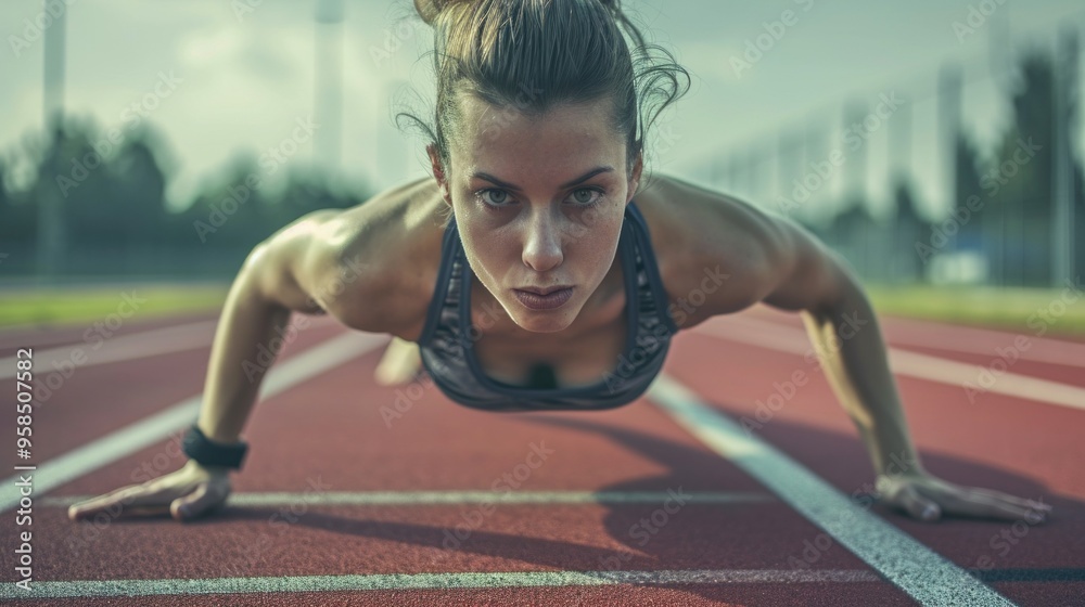 Fototapeta premium A focused woman is performing pushups on a running track area
