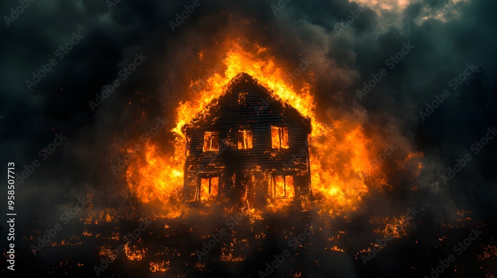 Wooden house engulfed in flames at midnight, vivid orange fire lighting up the scene, dense black smoke, detailed textures, high contrast, nightmarish yet realistic, insurance assessment use Wooden house engulfed in flames at midnight, vivid orange fire lighting up the scene, dense black smoke, detailed textures, high contrast, nightmarish yet realistic, insurance assessment use