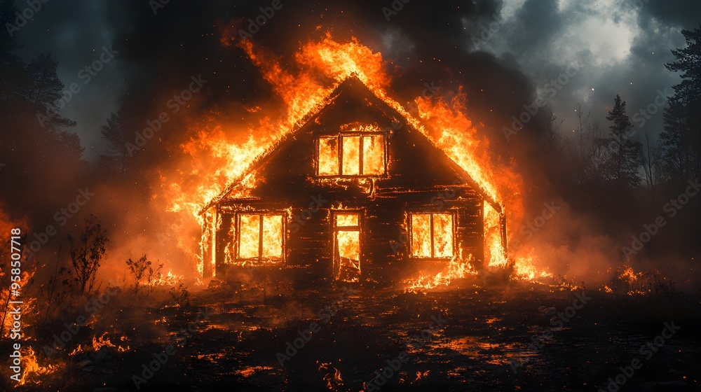 Wooden house engulfed in flames at midnight, vivid orange fire lighting up the scene, dense black smoke, detailed textures, high contrast, nightmarish yet realistic, insurance assessment use Wooden house engulfed in flames at midnight, vivid orange fire lighting up the scene, dense black smoke, detailed textures, high contrast, nightmarish yet realistic, insurance assessment use