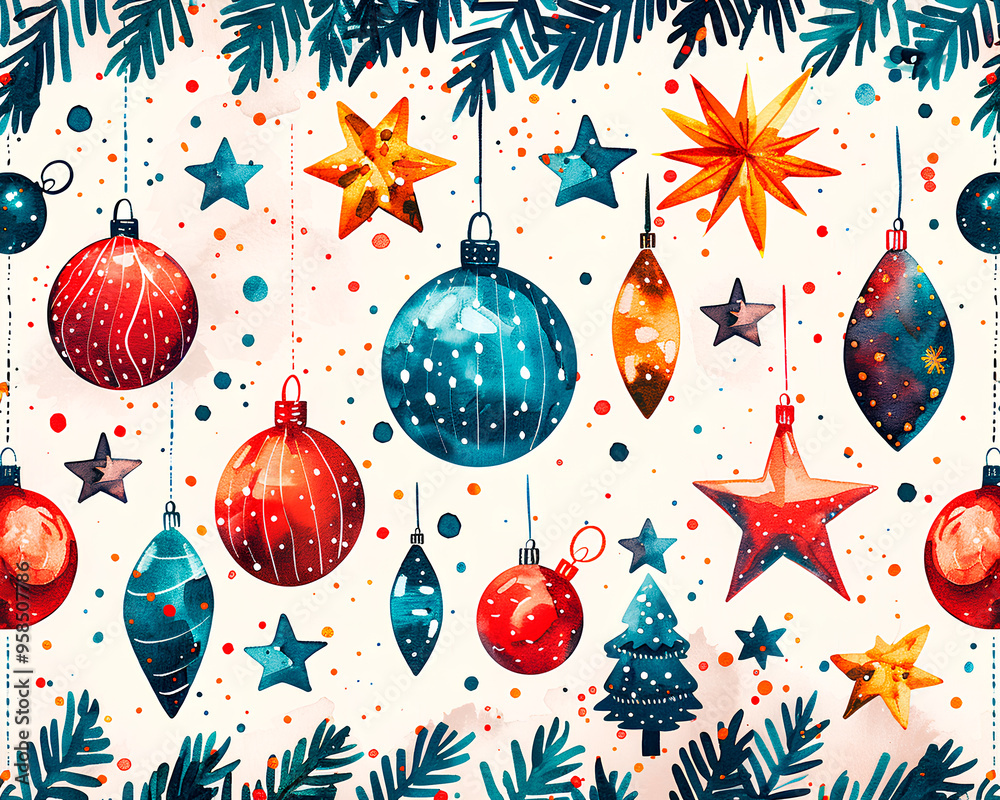 Festive decorations hang among green branches, creating a vibrant atmosphere perfect for the holiday season Festive decorations hang among green branches, creating a vibrant atmosphere perfect for the holiday season