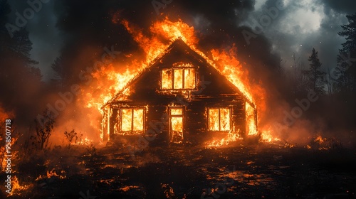 Wooden house engulfed in flames at midnight, vivid orange fire lighting up the scene, dense black smoke, detailed textures, high contrast, nightmarish yet realistic, insurance assessment use