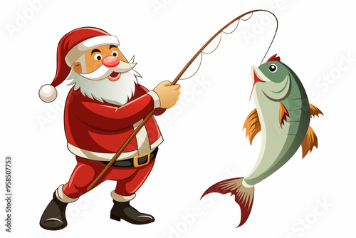 Santa Claus fishing vector art, Christmas fishing with rod illustration
