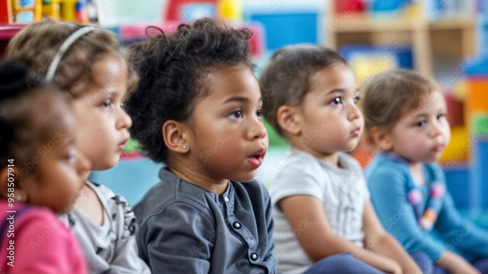 Engaged kindergarten classroom scene of diverse preschool kids sitting and learning attentively together, education concept Engaged kindergarten classroom scene of diverse preschool kids sitting and learning attentively together, education concept