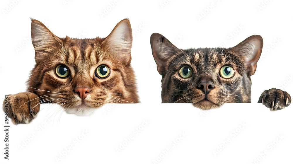 Two Curious Cats Peeking Over a White Surface with a Transparent Background, PNG Image File