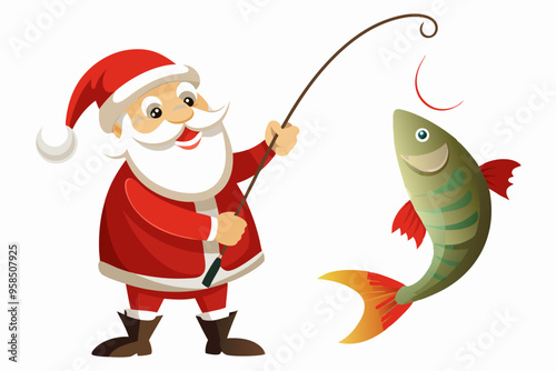 Santa Claus fishing vector art, Christmas fishing with rod illustration