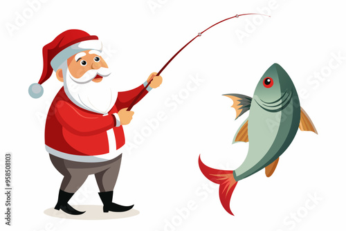 Santa Claus fishing vector art, Christmas fishing with rod illustration