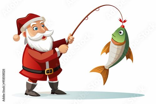 Santa Claus fishing vector art, Christmas fishing with rod illustration