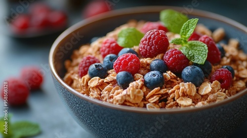 Bowl of Granola with Raspberries and Blueberries