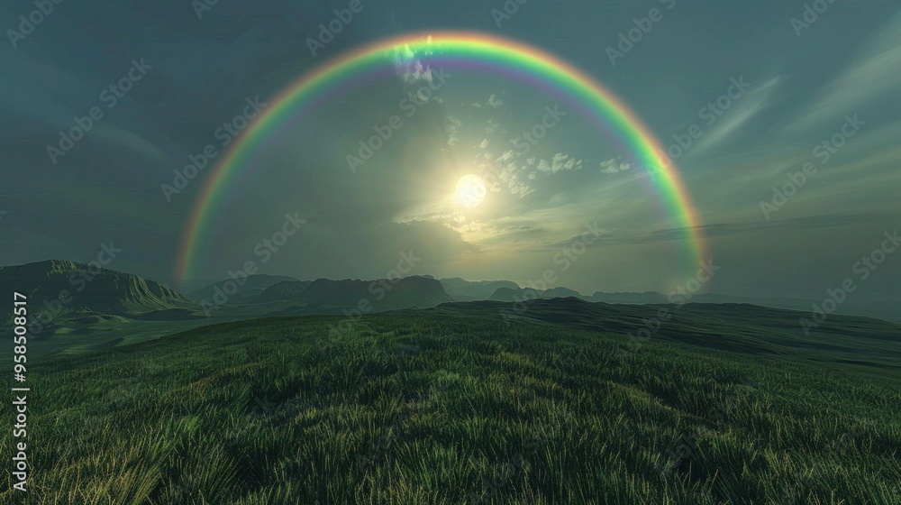 Naklejka premium Landscape with moon and green hills of flood meadows. 3d render evening rainbow