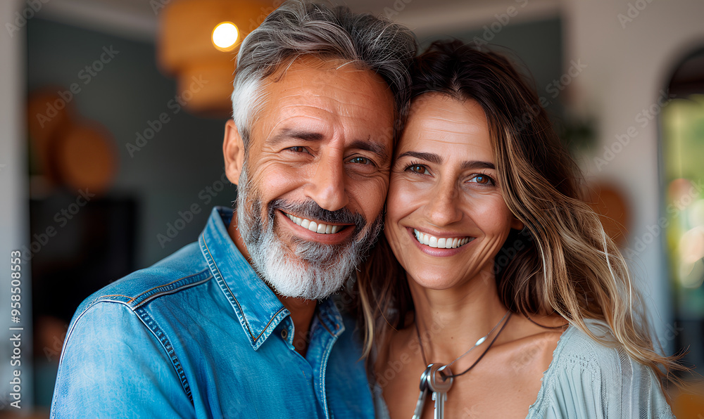 A happy couple embraces, sharing warm smiles in a charming indoor space filled with natural light
