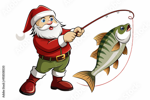 Santa Claus fishing vector art, Christmas fishing with rod illustration