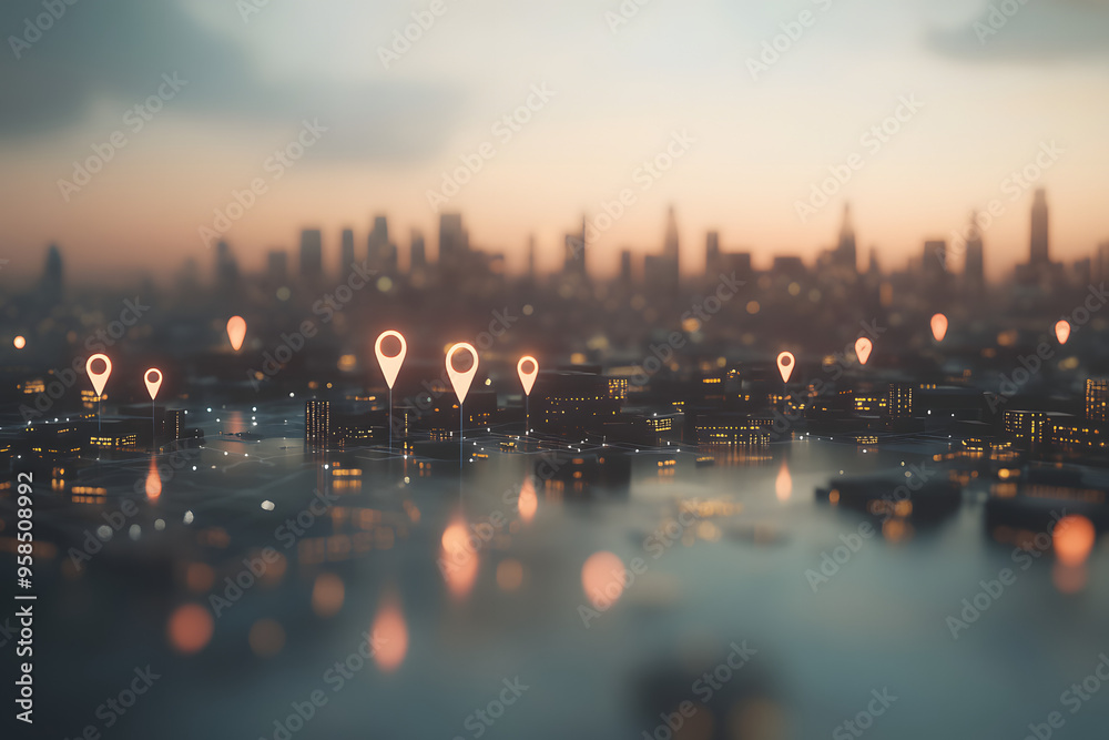 3D Rendering of a City with Abstract Connected Location Pins