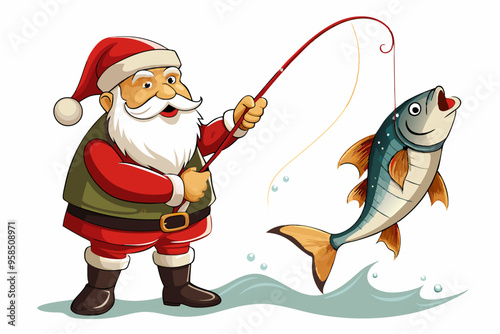 Santa Claus fishing vector art, Christmas fishing with rod illustration