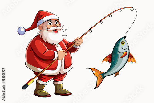 Santa Claus fishing vector art, Christmas fishing with rod illustration