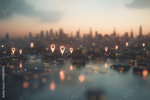 Obraz na płótnie 3D Rendering of a City with Abstract Connected Location Pins w salonie