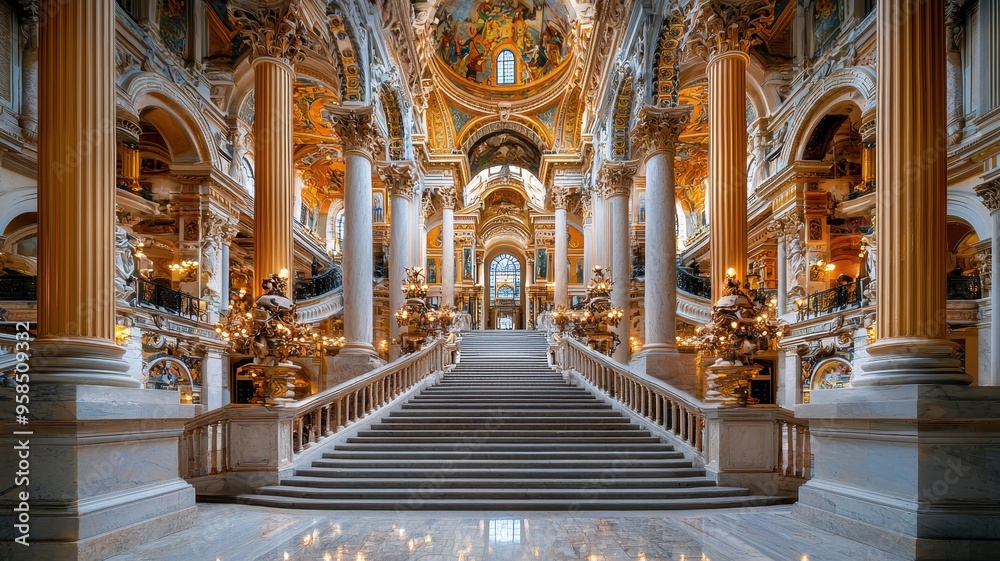 Fototapeta premium A grand interior view of an opulent staircase adorned with intricate details and luxurious decor.