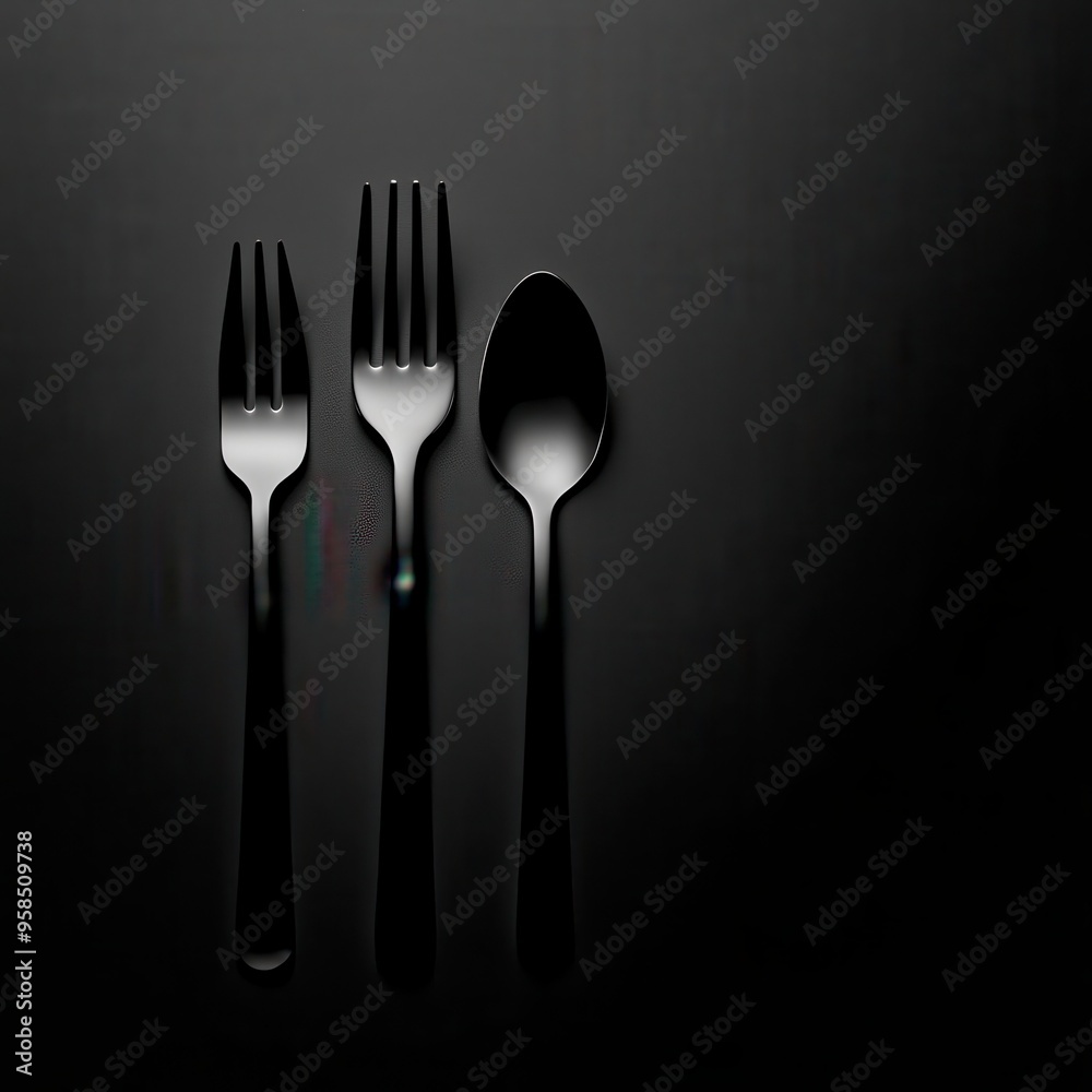 Minimalistic black cutlery set featuring forks and a spoon on a dark background, ideal for modern dining aesthetics. Minimalistic black cutlery set featuring forks and a spoon on a dark background, ideal for modern dining aesthetics.