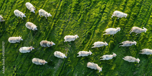  herd of sheep grazing in green meadow background 