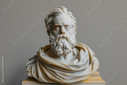 Marble Greek statue of a bearded man isolated on grey background with copy space photo