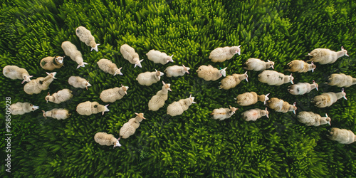 Sheep grazing in pasture with green grass background 