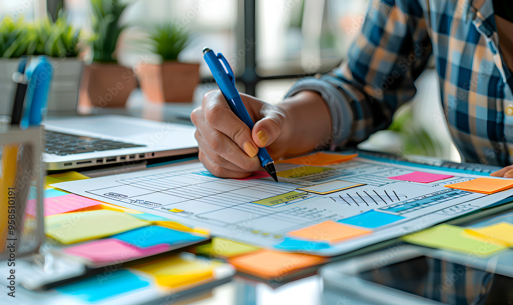The individual is organizing tasks and notes on a planner, surrounded by colorful sticky notes and a laptop The individual is organizing tasks and notes on a planner, surrounded by colorful sticky notes and a laptop