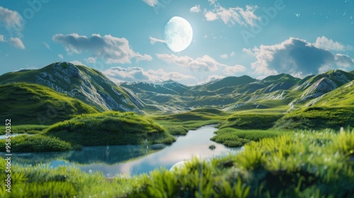 Landscape with moon and green hills of flood meadows. 3d render evening rainbow