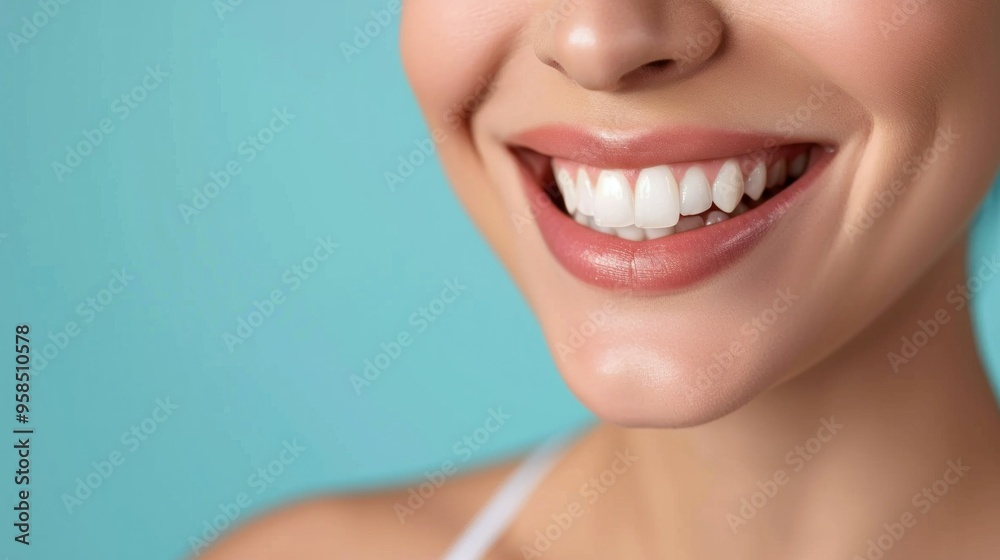 Obraz premium Beautiful female smile after teeth whitening procedure. Dental care. Dentistry concept