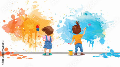 Two Children Painting Wall in Colors