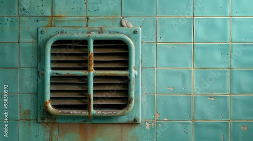 Wallpaper Mural Rusty old ventilation grate mounted on aged, weathered teal wall tile, showcasing industrial decay and urban architecture details. Torontodigital.ca
