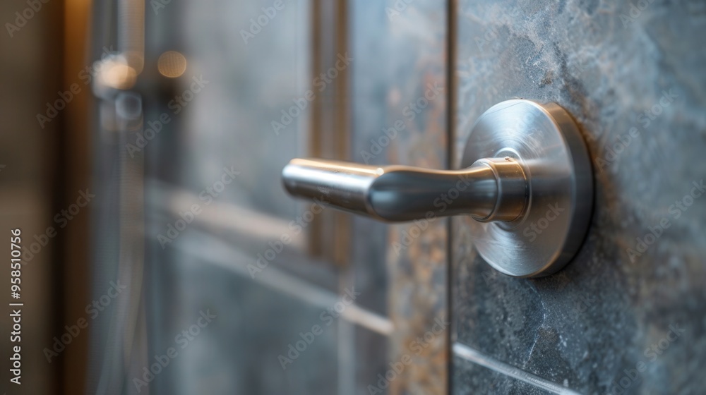 Close-up of a modern metallic door handle on a textured wall, showcasing contemporary design and architecture indoors. Close-up of a modern metallic door handle on a textured wall, showcasing contemporary design and architecture indoors.