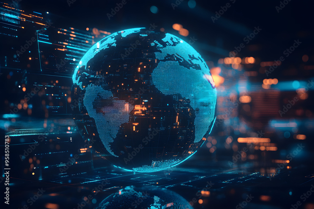 Blue Hologram Globe with Glowing Data Streams and AI Global Communication Networks