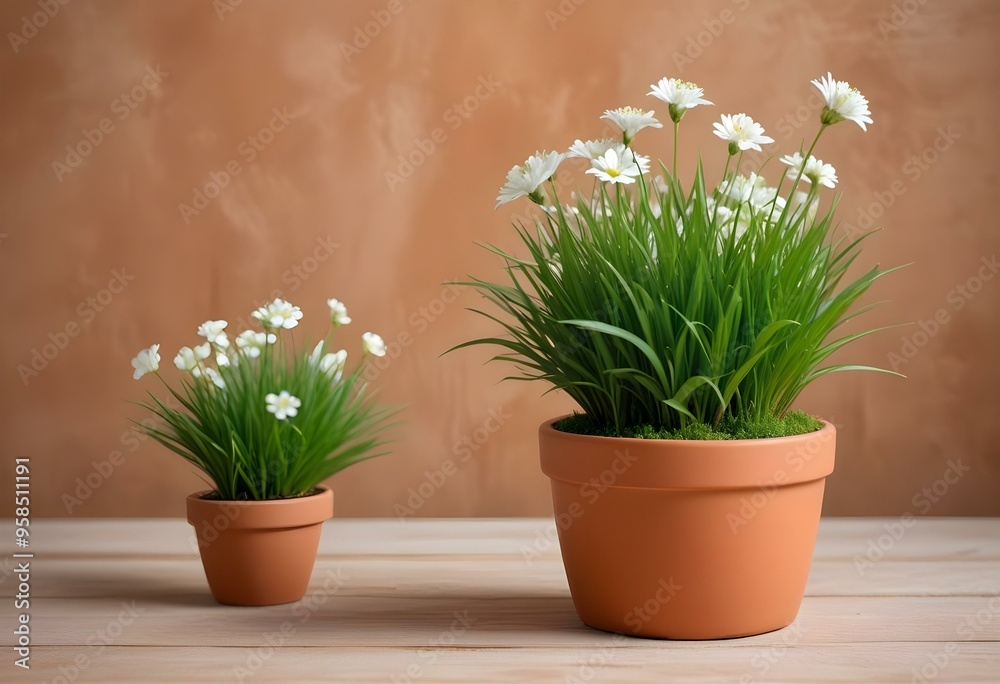 A small potted plant with fresh green grass and white flowers on a light brown background A small potted plant with fresh green grass and white flowers on a light brown background