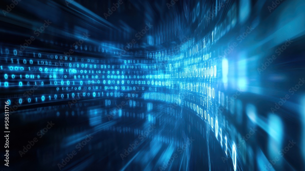 A vibrant, abstract visualization of digital data streaming in blue tones, creating a sense of depth and motion.