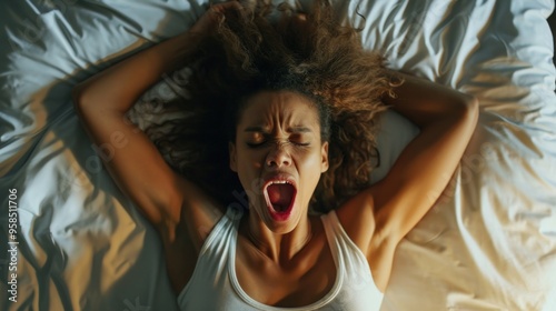 High Angle View Of A Young Woman In Bed Getting Orgasm photo