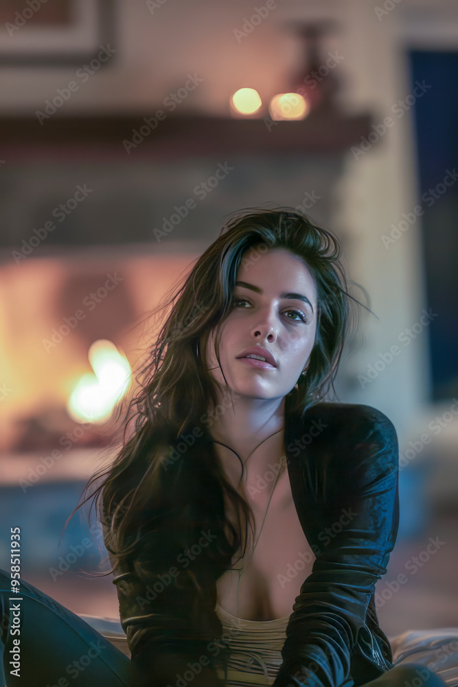 A woman with long hair is sitting in front of a fireplace. She is wearing a black jacket and a white shirt A woman with long hair is sitting in front of a fireplace. She is wearing a black jacket and a white shirt