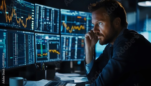 Man Contemplating Stock Market Data on Multiple Monitors