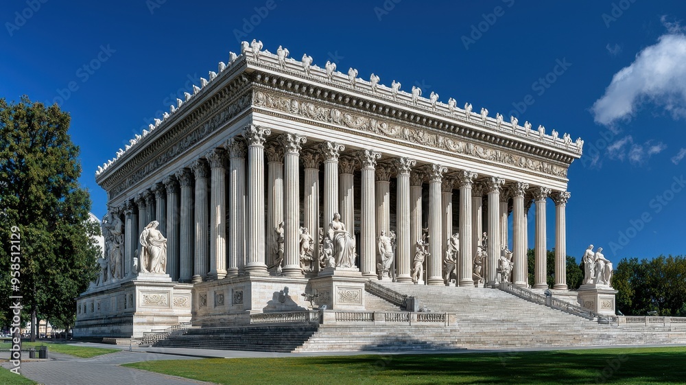 Obraz premium Historic neoclassical building with grand columns, showcasing architectural beauty in a picturesque setting under clear skies.