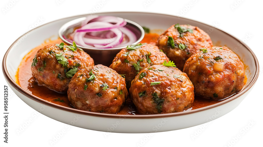 Spicy Meatballs Served on a Plate with Red Onion Slices and a Spicy Tomato Sauce, Isolated on a White Background, Transparent Background, PNG Spicy Meatballs Served on a Plate with Red Onion Slices and a Spicy Tomato Sauce, Isolated on a White Background, Transparent Background, PNG