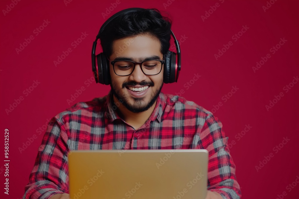 A man wearing headphones and glasses is smiling while using a laptop. Concept of relaxation and enjoyment as the man is engaged in his work or leisure activity. The red background adds a pop of color A man wearing headphones and glasses is smiling while using a laptop. Concept of relaxation and enjoyment as the man is engaged in his work or leisure activity. The red background adds a pop of color
