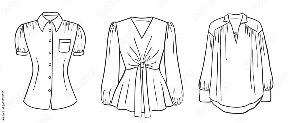 A collection of women's fashion clothes. Vector hand-drawn illustrations of beautiful blouses. Fashion sketches of women's fashion tops isolated on a white background. A collection of women's fashion clothes. Vector hand-drawn illustrations of beautiful blouses. Fashion sketches of women's fashion tops isolated on a white background.