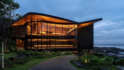 Modern coastal house with stunning architecture, illuminated at dusk, surrounded by lush greenery and ocean views.