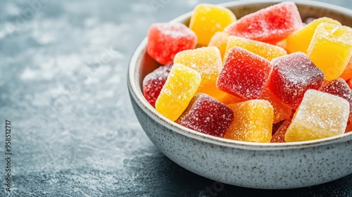 A bowl of colorful gummy bears sits on a table