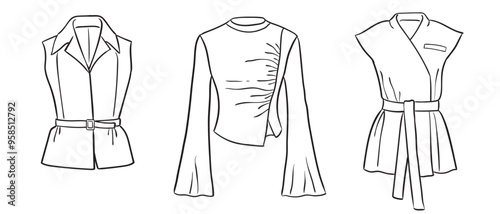 A collection of women's fashion clothes. Vector hand-drawn illustrations of beautiful blouses. Fashion sketches of women's fashion tops isolated on a white background.