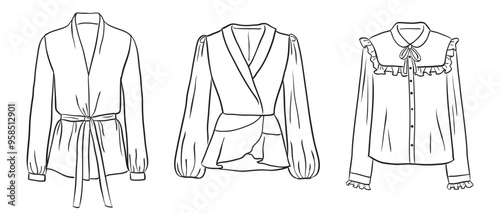 A collection of women's fashion clothes. Vector hand-drawn illustrations of beautiful blouses. Fashion sketches of women's fashion tops isolated on a white background.