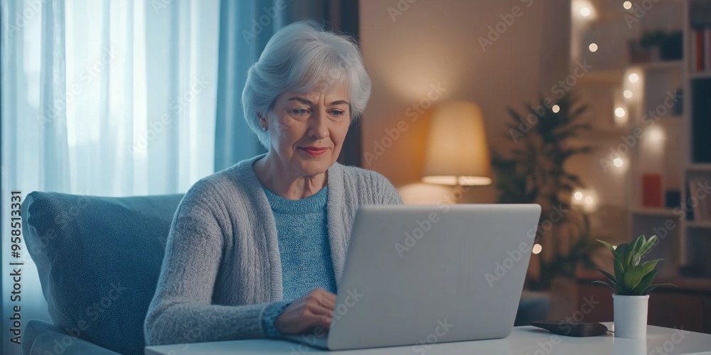 A woman in a gray sweater is sitting at a table with a laptop. She is looking at the screen with a serious expression A woman in a gray sweater is sitting at a table with a laptop. She is looking at the screen with a serious expression