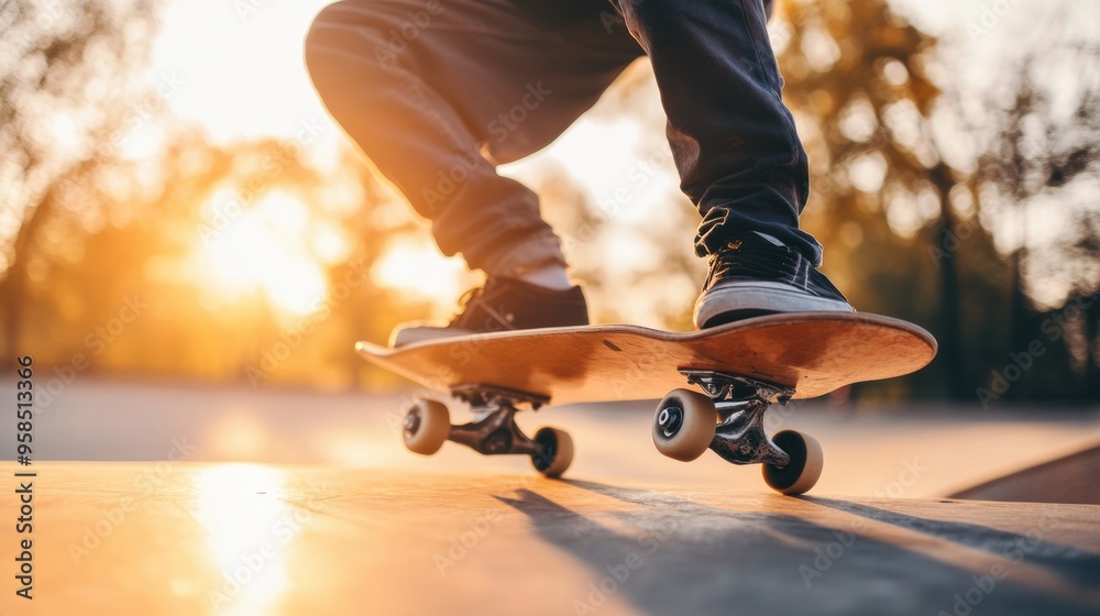 Skateboarder Riding Skateboard on Sunset Street in Urban Setting Skateboarder Riding Skateboard on Sunset Street in Urban Setting