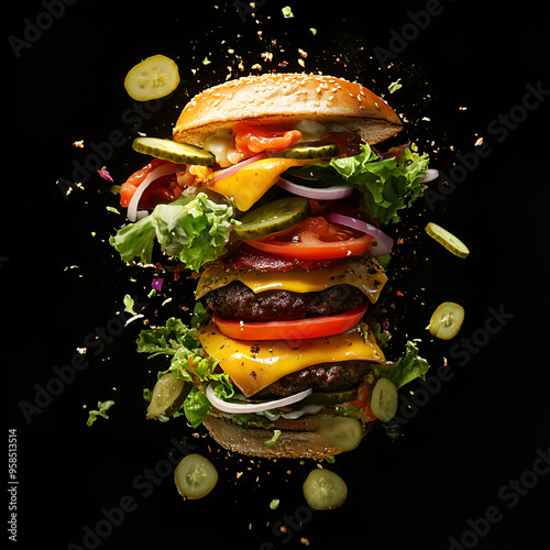 An explosive, dynamic image of a burger bursting apart against a black background. The burger features a juicy beef patty, layers of melted cheese, all flying outward from the center of the explosion.