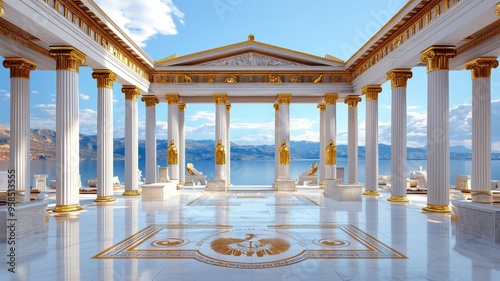 Stunning marble temple interior with golden accents and scenic views, showcasing classical architecture and tranquility.