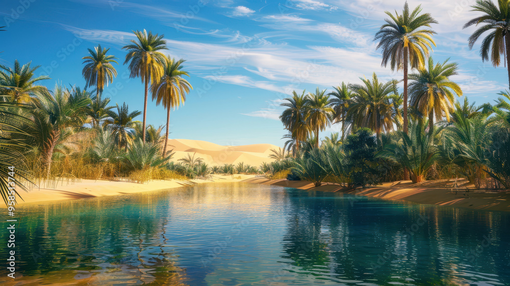 Desert Oasis with Palm Trees and Reflective Water.