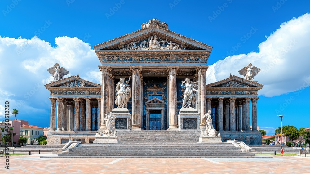 Fototapeta premium Stunning view of a grand classical building with beautiful columns and sculptures under a clear blue sky.